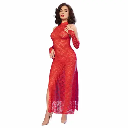 Chilirose CR4853 Crvena čipkana duga majica sa elegantnim rukavicama S/M