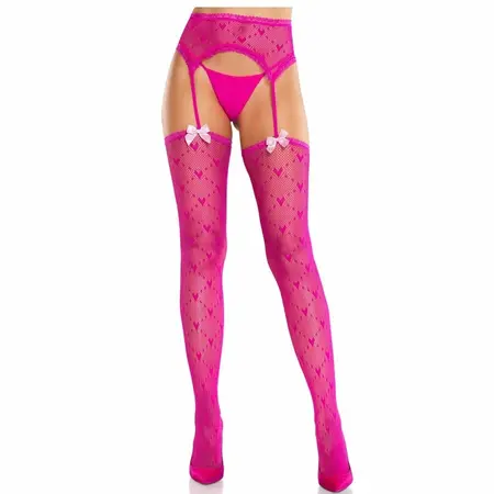 Leg Avenue Heart Stockings with Decorative Garters Magenta One Size