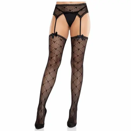 Leg Avenue Heart Garter Stockings Black - Sheer Hosiery with Decorative Hearts