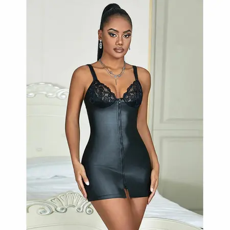 SUBBLIME 957568 Black PU Leather Zip Dress S/M - Detalj od čipke