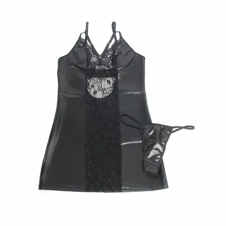 SUBBLIME 957520 Black PU Faux Leather Dress with Floral Lace S/M