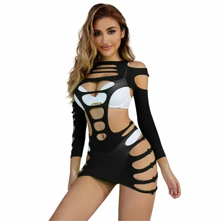 Subblime 952266 Black Fishnet Long Sleeve Dress, Elastic, One Size
