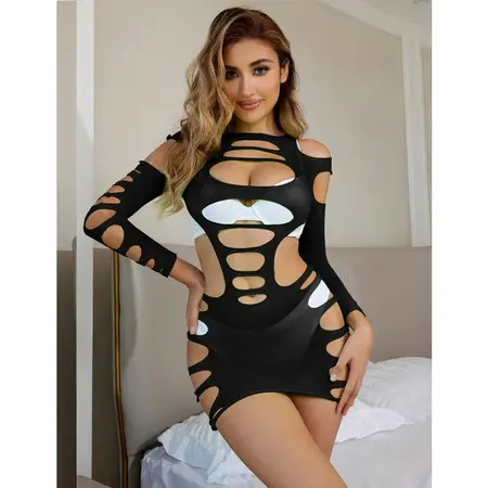 Subblime 952266 Black Fishnet Long Sleeve Dress, Elastic, One Size