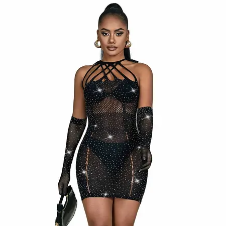 Subblime 952235 Black Fishnet Dress with Rhinestones, One Size