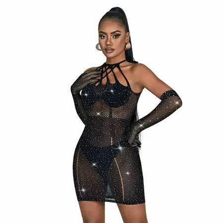 Subblime 952235 Black Fishnet Dress with Rhinestones, One Size