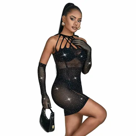 Subblime 952235 Black Fishnet Dress with Rhinestones, One Size