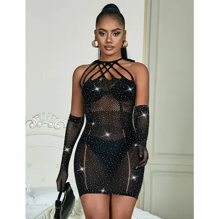 Subblime 952235 Black Fishnet Dress with Rhinestones, One Size