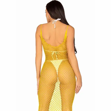 Leg Avenue Duga Mrežasta Haljina Žuta One Size - Rastezljiva Mreža sa Otvorenim Leđima