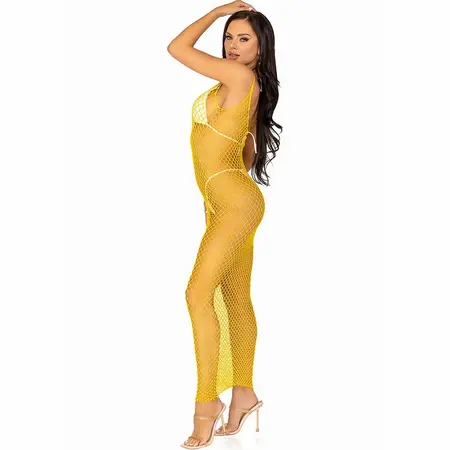 Leg Avenue Duga Mrežasta Haljina Žuta One Size - Rastezljiva Mreža sa Otvorenim Leđima