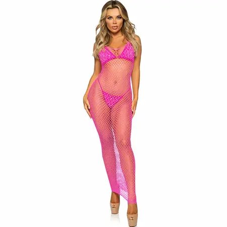 Leg Avenue Duga Mrežasta Haljina Fuksija One Size - Otvorena Leđa, Rastezljivo Prijanjanje
