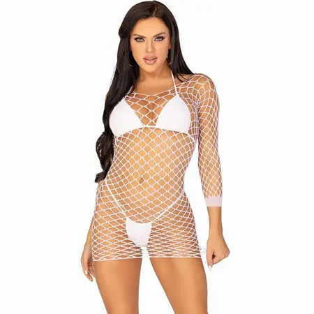Leg Avenue White Fishnet Long Sleeve Mini Dress One Size