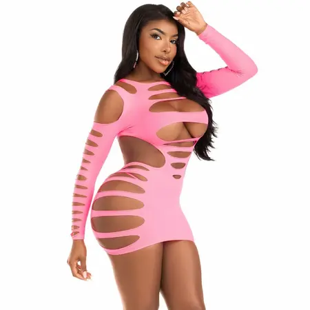 Leg Avenue Fuchsia Mini Dress with Shredded Cut-Outs, One Size
