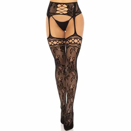 Leg Avenue Floral Lace Garter Stockings Black - Integrated Belt, One Size