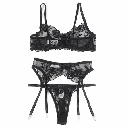 Subblime 3-Delni Set Veša Crni L/XL - Grudnjak, Tanga i Podvezica, Cvetni Motiv