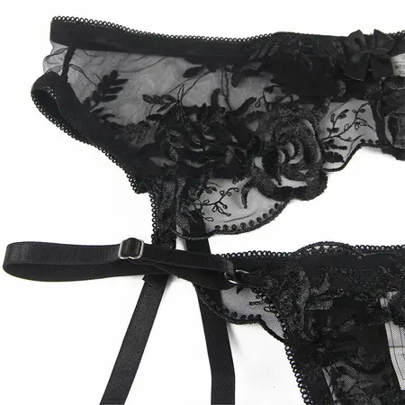 Subblime 3-Delni Set Veša Crni L/XL - Grudnjak, Tanga i Podvezica, Cvetni Motiv