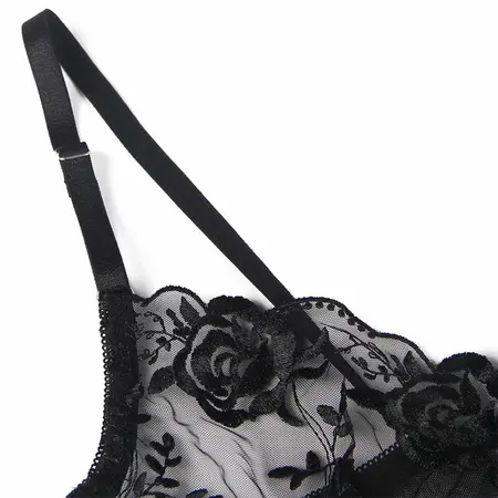 Subblime 3-Piece Lingerie Set Floral Black S/M - Bra, Thong, Garter