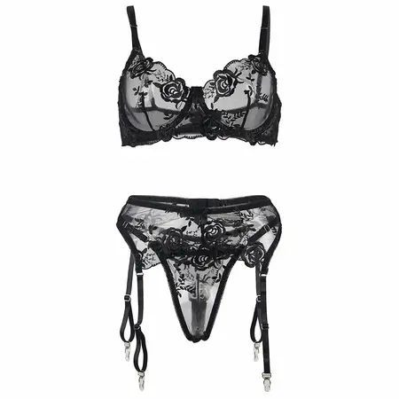 Subblime 3-Piece Lingerie Set Floral Black S/M - Bra, Thong, Garter
