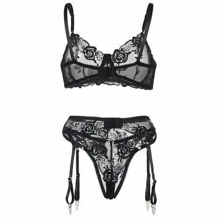 Subblime 3-Piece Lingerie Set Floral Black S/M - Bra, Thong, Garter