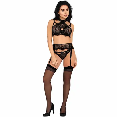 Livco Corsetti Majalesa LC 90526 Crni Čipkani Set - Grudnjak, Podvezica i Gaćice