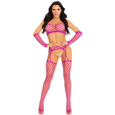 Leg Avenue Fuchsia Fishnet Crop Top, Garter Stockings & Gloves Set