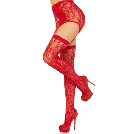Leg Avenue Lace Thigh-Highs & Garter Belt Crveno-Crni One Size