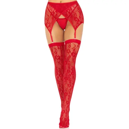 Leg Avenue Lace Thigh-Highs & Garter Belt Crveno-Crni One Size