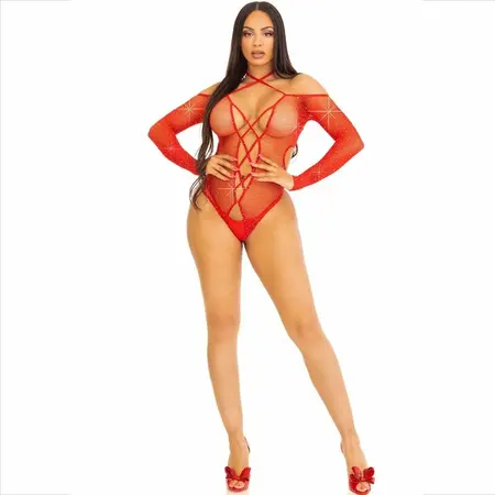 Leg Avenue Bodysuit Crveni Gloss Rhinestone Fishnet One Size