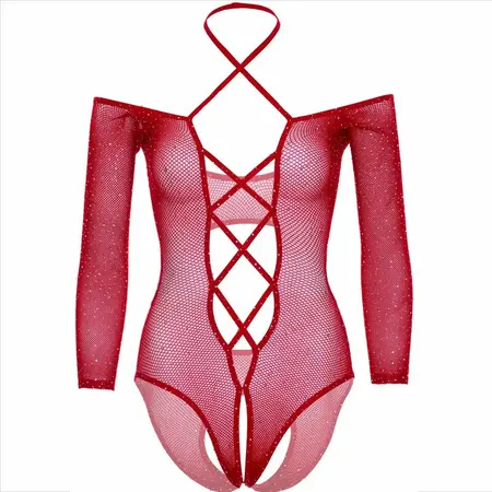 Leg Avenue Bodysuit Crveni Gloss Rhinestone Fishnet One Size