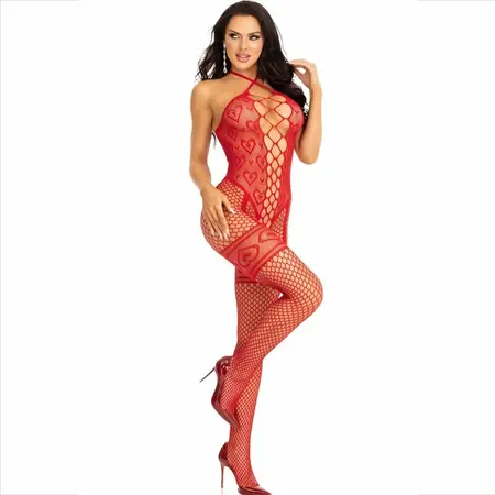 Leg Avenue Bodystocking Halter Vrat Crveni Šare Srca Crvena One Size