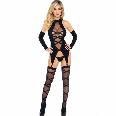 Leg Avenue 3-Piece Set: Bodysuit, Stockings & Sleeves, Black, One Size