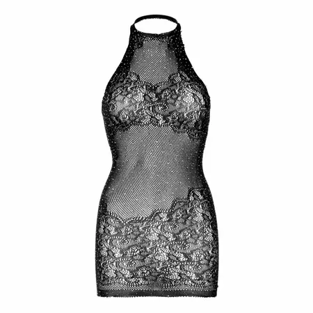 Leg Avenue Rhinestone Halter Mini Dress Crna One Size - Cvetni Čipkani Dizajn