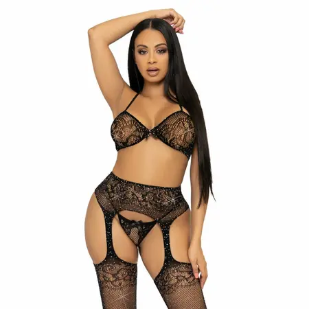 Leg Avenue Trodelni Crni Čipkani Set sa Kristalnim Akcentima One Size