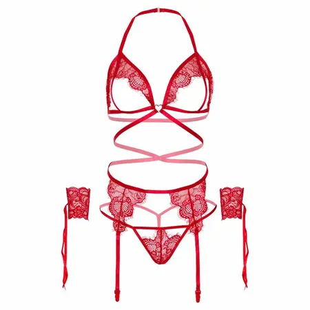 Leg Avenue Lace Cage Bra Set with Garter Belt & Accessories, Red, One Size
