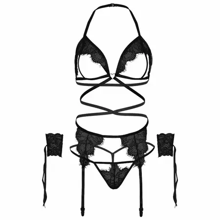 Leg Avenue Four-Piece Black Lace Set - Bra, Garter Belt, G-String, Cuffs, One Size