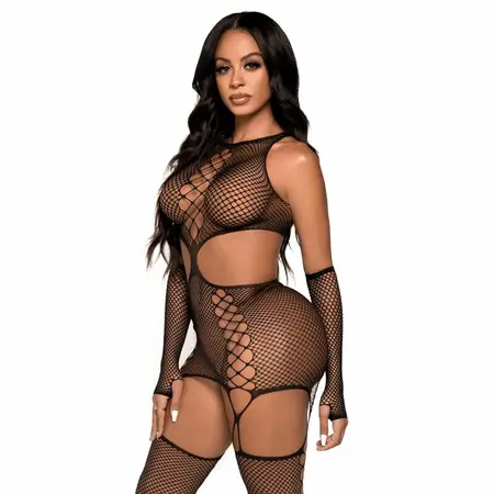 Leg Avenue Garter Dress with Gloves One Size - Elegant Net Pattern Set