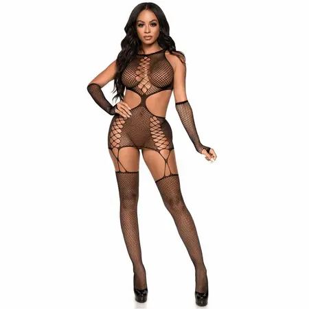 Leg Avenue Garter Dress with Gloves One Size - Elegant Net Pattern Set