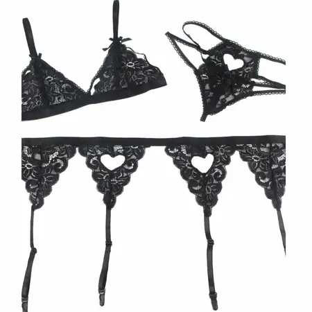 Subblime Lingerie Set L/XL - Black 3-Piece Bra, Garter Belt & Thong