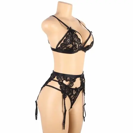 Subblime Lingerie Set L/XL - Black 3-Piece Bra, Garter Belt & Thong
