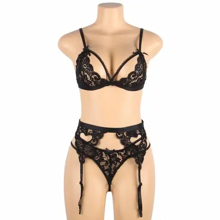 Subblime Three-Piece Lingerie Set S/M Black - Bra, Garter Belt & Thong
