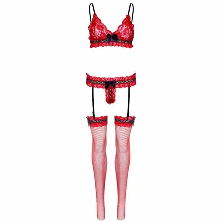 Leg Avenue Three-Piece Red Lace Lingerie & Fishnet Hosiery Set One Size