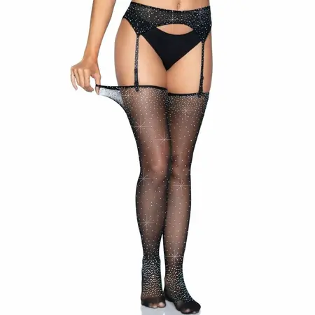 Leg Avenue Rhinestone Micro Net Garter Belt & Stockings Set One Size