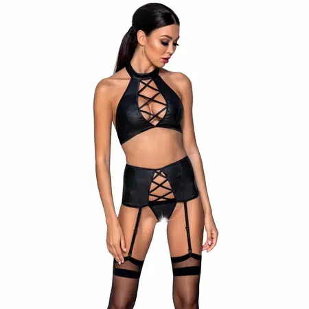 PASSION Nancy Eco-Leather 3-Piece Lingerie Set S/M - Black, Adjustable Fit