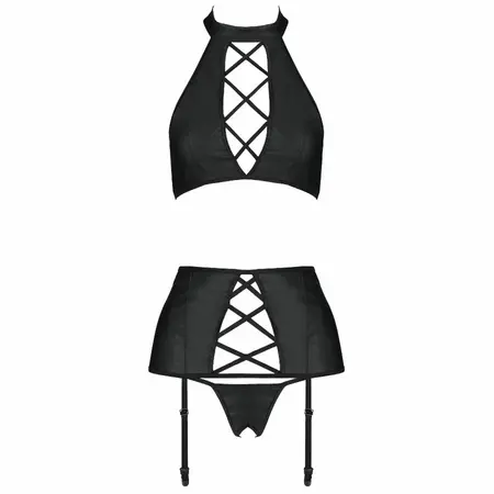 PASSION Nancy Eco-Leather 3-Piece Lingerie Set S/M - Black, Adjustable Fit