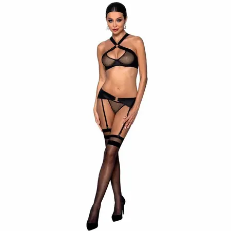 Passion Amanda S/M - Eco Leather Lingerie Set with Gold Accents