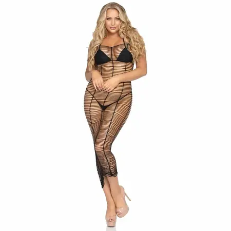 Leg Avenue Maxi Haljina Horizontalni Mrežasti Dizajn One Size - Crna Najlonska Mešavina