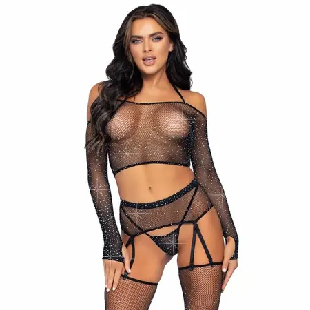 Leg Avenue Black Rhinestone Mesh 4-Piece Lingerie Set One Size
