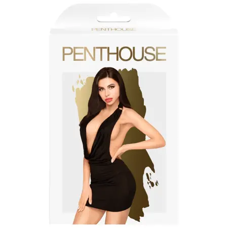 Penthouse Heart Rob Black Dress S/M - Elegant Open Back & Matching Thong