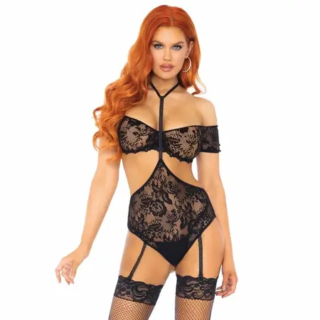 Leg Avenue Dvodelni Crni Čipkasti Top i Harness Teddy Set S/M