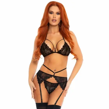 Leg Avenue Floral Lace Three-Piece Lingerie Set S Black