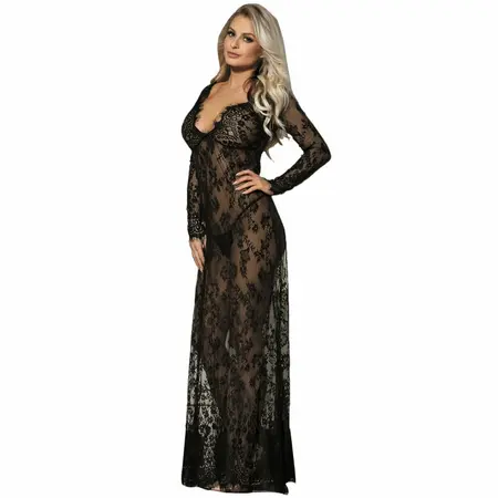 Subblime Long Sleeve Floral Lace Dress S/M Black - Elegant Nightwear